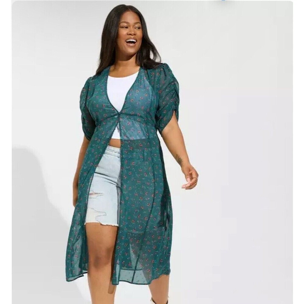Torrid Chiffon Ruched Sleeve Kimono Green Plus Size 1